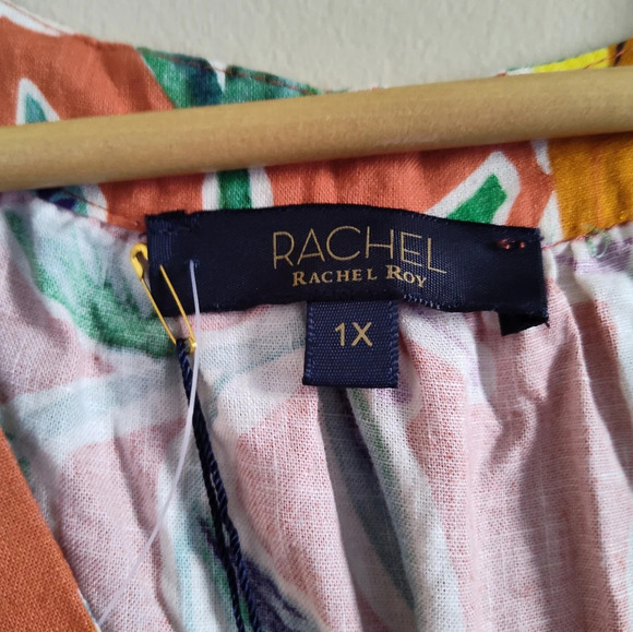 Rachel Roy Plus Size 1X Orange Floral Print V-Neck Blouse Top Linen - Picture 5 of 6